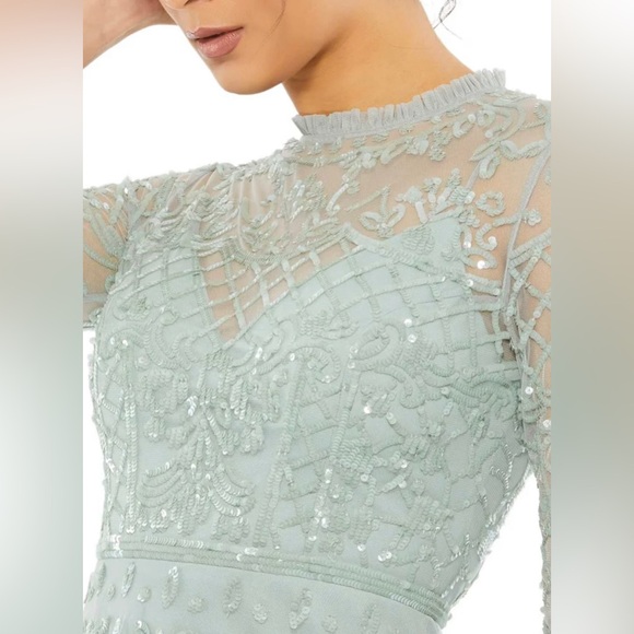 Mac Duggal SEQUINED ILLUSION HIGH NECK LONG SLEEVE MIDI DRESS 9142 Seafoam - Picture 3 of 14